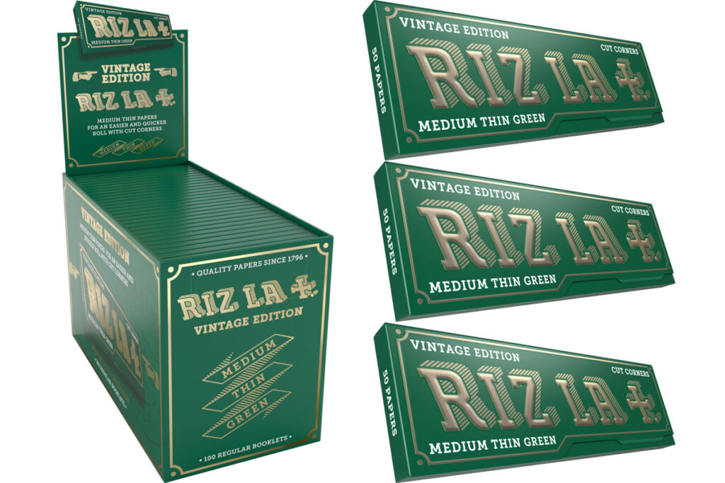 Pack shots of Rizla Vintage Edition Medium Thin Green including three individual packs as well as a display box.