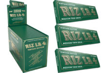 Pack shots of Rizla Vintage Edition Medium Thin Green including three individual packs as well as a display box.