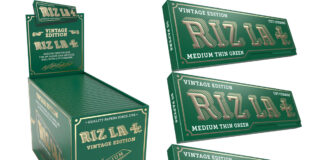 Pack shots of Rizla Vintage Edition Medium Thin Green including three individual packs as well as a display box.