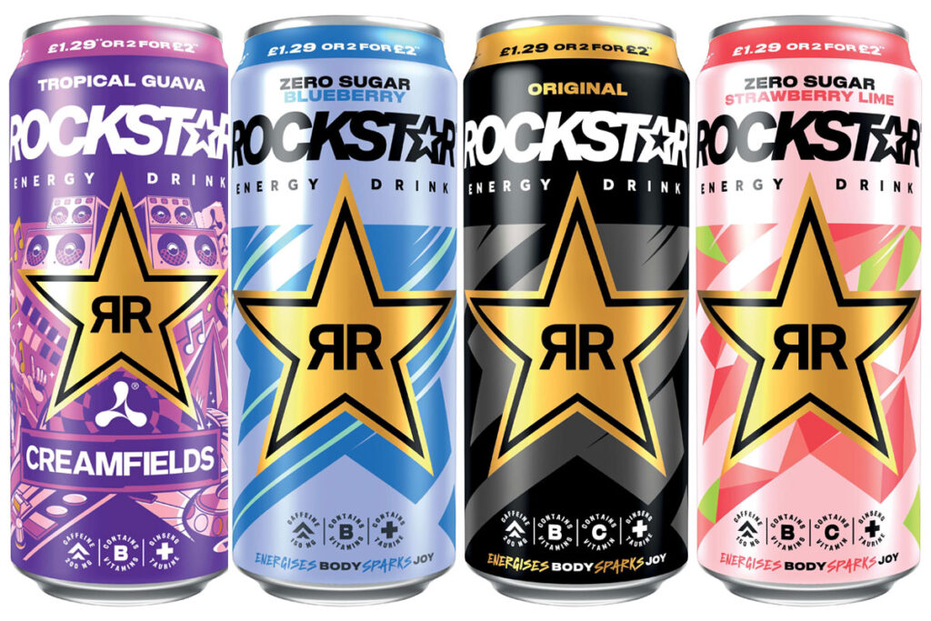 Cans of Rockstar Energy Drinks including Tropical Guava, Zero Sugar Blueberry, Original and Zero Sugar Strawberry Lime.