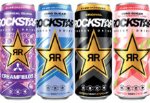 Cans of Rockstar Energy Drinks including Tropical Guava, Zero Sugar Blueberry, Original and Zero Sugar Strawberry Lime.