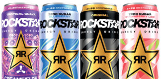 Cans of Rockstar Energy Drinks including Tropical Guava, Zero Sugar Blueberry, Original and Zero Sugar Strawberry Lime.