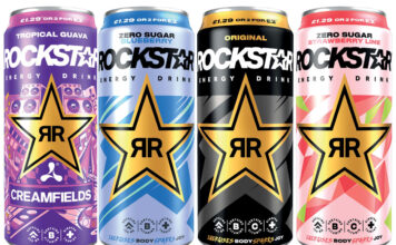 Cans of Rockstar Energy Drinks including Tropical Guava, Zero Sugar Blueberry, Original and Zero Sugar Strawberry Lime.