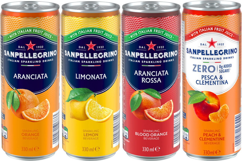 Pack shots of Sanpellegrino cans including Aranciata, Limonata, Aranciata Rossa and Sanpellegrino Zero Pesca & Clementina.