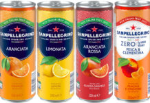 Pack shots of Sanpellegrino cans including Aranciata, Limonata, Aranciata Rossa and Sanpellegrino Zero Pesca & Clementina.