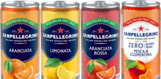 Pack shots of Sanpellegrino cans including Aranciata, Limonata, Aranciata Rossa and Sanpellegrino Zero Pesca & Clementina.