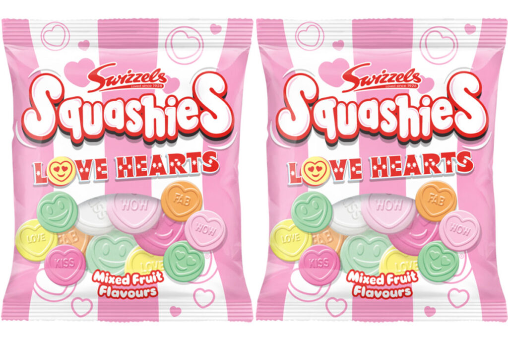 Pack shots of Swizzels Squashies Love Hearts.