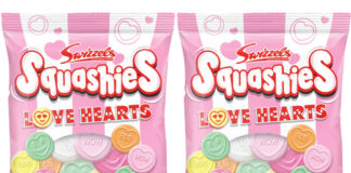 Pack shots of Swizzels Squashies Love Hearts.