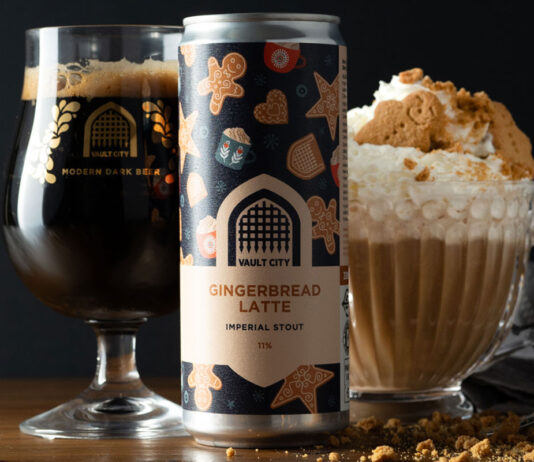 Vault City toasts Tesco listing for Gingerbread Latte Stout A can of Vault City Gingerbread Latte Stout stands on a table in front of a Vault City branded glass and a bowl with a gingerbread latte in it with whipped cream and gingerbread biscuit.