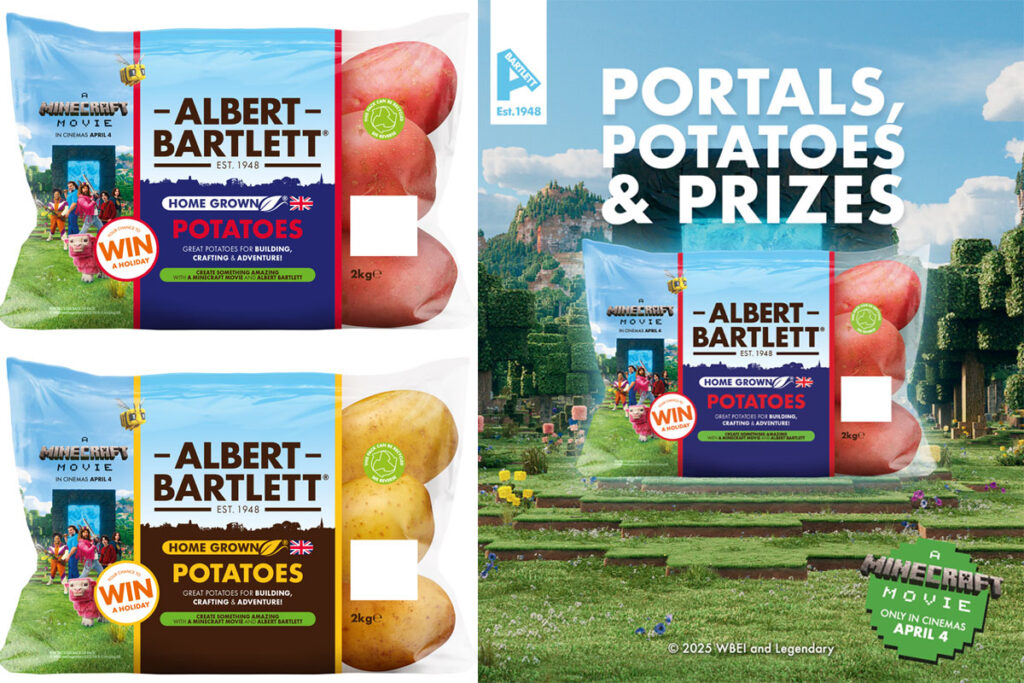 Pack shots of Albert Bartlett Home Grown Potatoes with an on-pack promotion for A Minecraft Movie with an image of the promotional poster next to it with the text 'Portals, Potatoes & Prizes'.