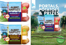 Pack shots of Albert Bartlett Home Grown Potatoes with an on-pack promotion for A Minecraft Movie with an image of the promotional poster next to it with the text 'Portals, Potatoes & Prizes'.