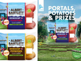 Albert Bartlett joins A Minecraft Movie with potato promotion Pack shots of Albert Bartlett Home Grown Potatoes with an on-pack promotion for A Minecraft Movie with an image of the promotional poster next to it with the text 'Portals, Potatoes & Prizes'.