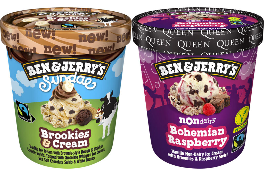 Pack shots of Ben & Jerry's Sundae Brookies & Cream and Ben & Jerry's Non-Dairy Bohemian Raspberry with branding from the band Queen on the lid.