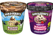 Pack shots of Ben & Jerry's Sundae Brookies & Cream and Ben & Jerry's Non-Dairy Bohemian Raspberry with branding from the band Queen on the lid.