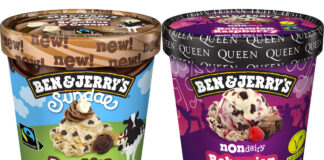 Pack shots of Ben & Jerry's Sundae Brookies & Cream and Ben & Jerry's Non-Dairy Bohemian Raspberry with branding from the band Queen on the lid.