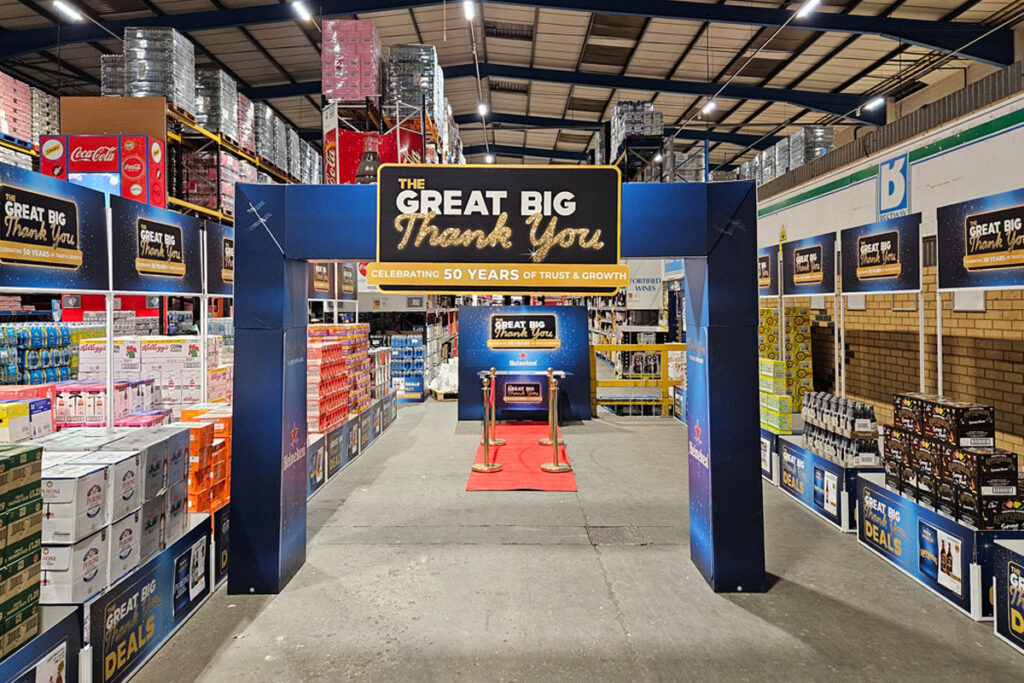 A display walkway marking Bestway's 50th anniversary stands in one of the wholesaler's depots marking exclusive promotions for the firm.