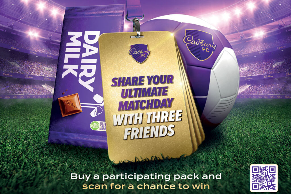 Promotional image of Cadbury FC 2025 with a bar of Dairy Milk, a lanyard and a football on a pitch, the text on the lanyard reads 'Share Your Ultimate MatchDay With Three Friends'.