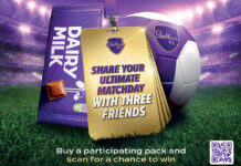 Promotional image of Cadbury FC 2025 with a bar of Dairy Milk, a lanyard and a football on a pitch, the text on the lanyard reads 'Share Your Ultimate MatchDay With Three Friends'.