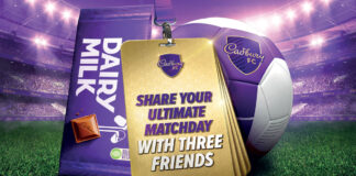 Promotional image of Cadbury FC 2025 with a bar of Dairy Milk, a lanyard and a football on a pitch, the text on the lanyard reads 'Share Your Ultimate MatchDay With Three Friends'.