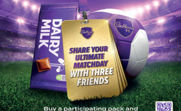 Promotional image of Cadbury FC 2025 with a bar of Dairy Milk, a lanyard and a football on a pitch, the text on the lanyard reads 'Share Your Ultimate MatchDay With Three Friends'.