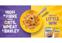 Advert for Cheerios TV campaign with a bowl of the cereal in the middle of a purple and yellow colour with the text to the left reading "High in Fibre from Oats, Wheat and Barley" with the text on the right reading "That's a little win" with boxes of Cheerios and Honey Cheerios beneath this text.