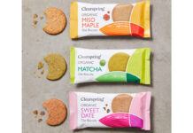 Packs of Clearspring Oat Biscuits sit against a grey background including Miso Maple, Matcha and Sweet Date with the biscuits sitting outside the packet with bites taken out of them.