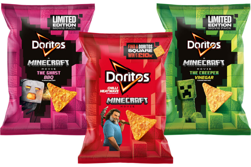 Pack shots of Doritos A Minecraft Movie promotion with the Ghast BBQ flavour, Chilli Heatwave and Creeper Vinegar.