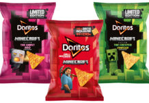 Pack shots of Doritos A Minecraft Movie promotion with the Ghast BBQ flavour, Chilli Heatwave and Creeper Vinegar.