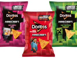 Doritos goes square for new Minecraft movie promotion Pack shots of Doritos A Minecraft Movie promotion with the Ghast BBQ flavour, Chilli Heatwave and Creeper Vinegar.