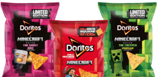 Pack shots of Doritos A Minecraft Movie promotion with the Ghast BBQ flavour, Chilli Heatwave and Creeper Vinegar.