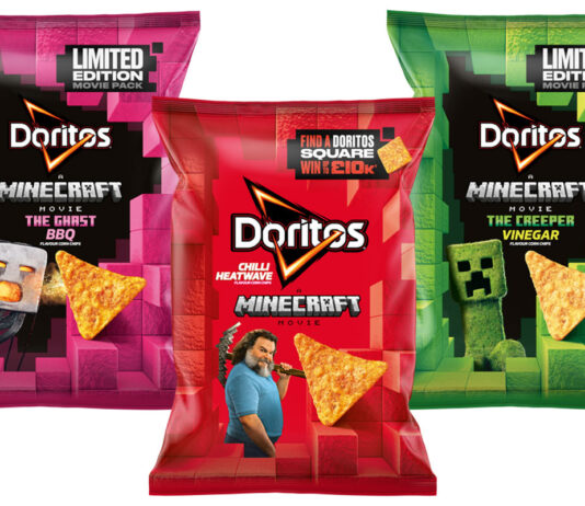Doritos goes square for new Minecraft movie promotion Pack shots of Doritos A Minecraft Movie promotion with the Ghast BBQ flavour, Chilli Heatwave and Creeper Vinegar.
