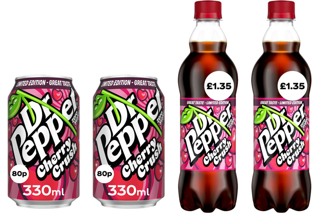 Pack shots of Dr Pepper Sugar Free Cherry Crush cans and 500ml bottles.