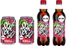 Pack shots of Dr Pepper Sugar Free Cherry Crush cans and 500ml bottles.