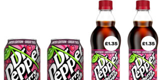 Pack shots of Dr Pepper Sugar Free Cherry Crush cans and 500ml bottles.