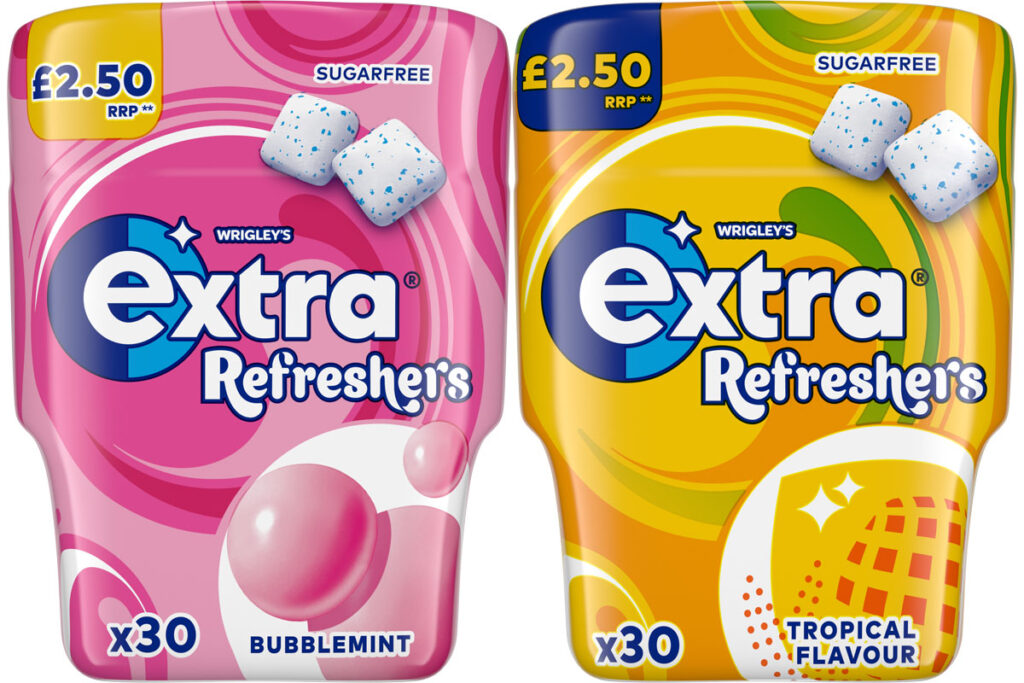 Pack shots of Extra Refreshers PMP packs with Bubblemint and Tropical Flavours.