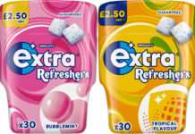 Pack shots of Extra Refreshers PMP packs with Bubblemint and Tropical Flavours.