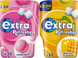Extra Refreshers launches new PMP packs Pack shots of Extra Refreshers PMP packs with Bubblemint and Tropical Flavours.