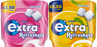 Pack shots of Extra Refreshers PMP packs with Bubblemint and Tropical Flavours.