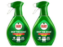 Fairy Skips the Soak with Power Spray launch Pack shots of Fairy Skip the Soak Power Spray bottles.