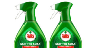 Pack shots of Fairy Skip the Soak Power Spray bottles.