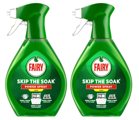 Fairy Skips the Soak with Power Spray launch Pack shots of Fairy Skip the Soak Power Spray bottles.