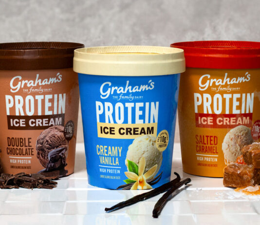 Graham’s offers sweet indulgence with natural protein Packs of Graham's Protein Ice Creams sit on a countertop including Double Chocolate, Creamy Vanilla and Salted Caramel variants, with pieces of chocolate next to the Double Chocolate; vanilla pods next to the Creamy Vanilla; and pieces of caramel next to the Salted Caramel.