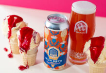 A can of Vault City Iron Brew Raspberry Ripple stands amongst ice cream cones with raspberry sauce with the beer poured into a Vault City branded glass.