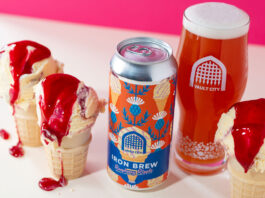 Vault City fights the January blues with Iron Brew series A can of Vault City Iron Brew Raspberry Ripple stands amongst ice cream cones with raspberry sauce with the beer poured into a Vault City branded glass.