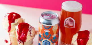 A can of Vault City Iron Brew Raspberry Ripple stands amongst ice cream cones with raspberry sauce with the beer poured into a Vault City branded glass.