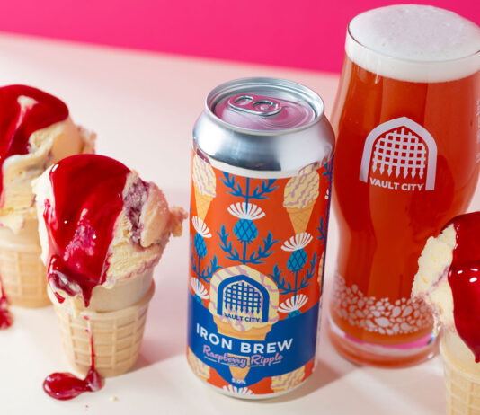 Vault City fights the January blues with Iron Brew series A can of Vault City Iron Brew Raspberry Ripple stands amongst ice cream cones with raspberry sauce with the beer poured into a Vault City branded glass.