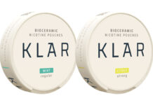 Pack shots of KLAR nicotine pouches including Mint Regular and Citrus Regular.