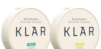 Pack shots of KLAR nicotine pouches including Mint Regular and Citrus Regular.