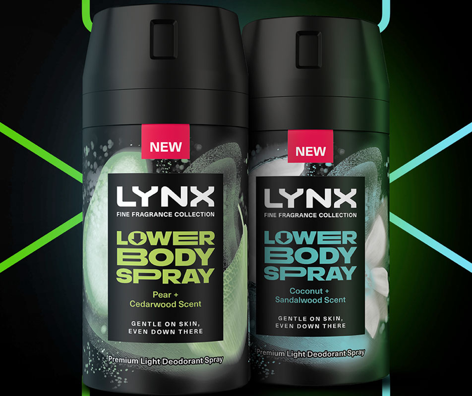 Pack shots of Lynx Lower Body Sprays including Pear + Sandalwood Scent and Coconut + Sandalwood Scent.