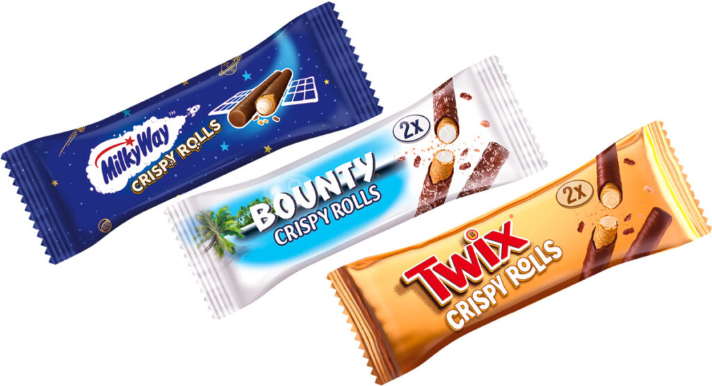 Packs of Mars Wrigley Crispy Rolls with Milky Way Crispy Rolls, Bounty Crispy Rolls and Twix Crispy Rolls.